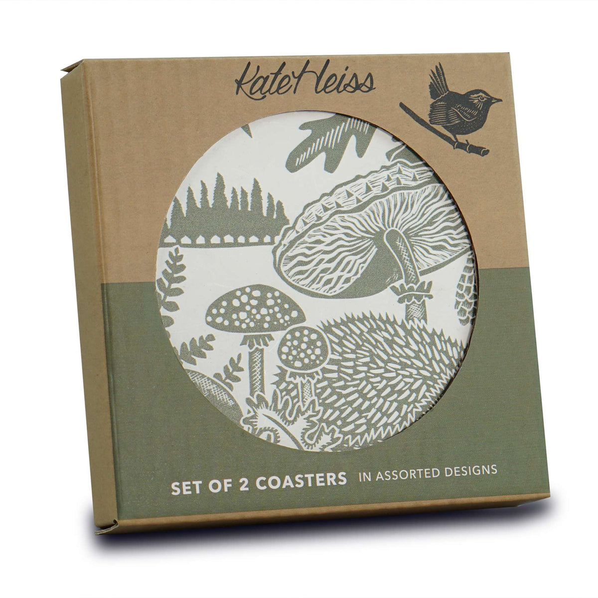 Kate Heiss Woodland Green Hedgehog & Mushroom Coasters - Set of 2