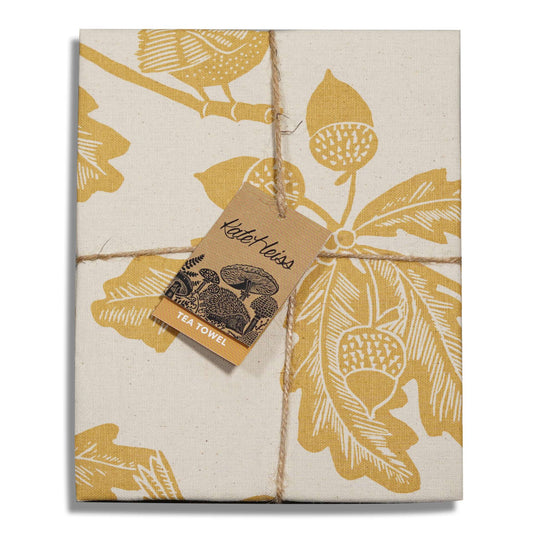 Kate Heiss Woodland Ochre Bird & Oak Recycled Cotton Tea Towel