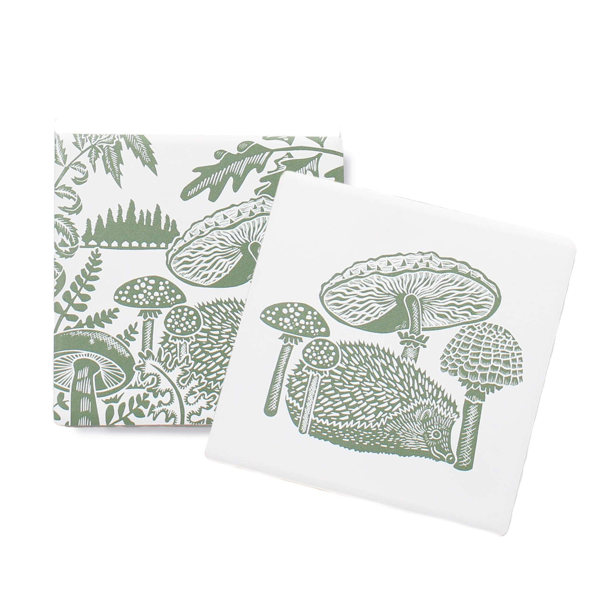 Kate Heiss Woodland Green Hedgehog & Mushroom Coasters - Set of 2