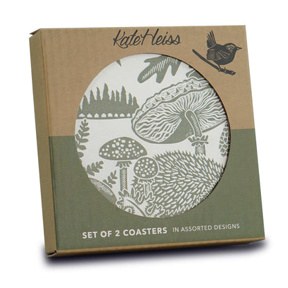 Kate Heiss Woodland Green Hedgehog & Mushroom Coasters - Set of 2