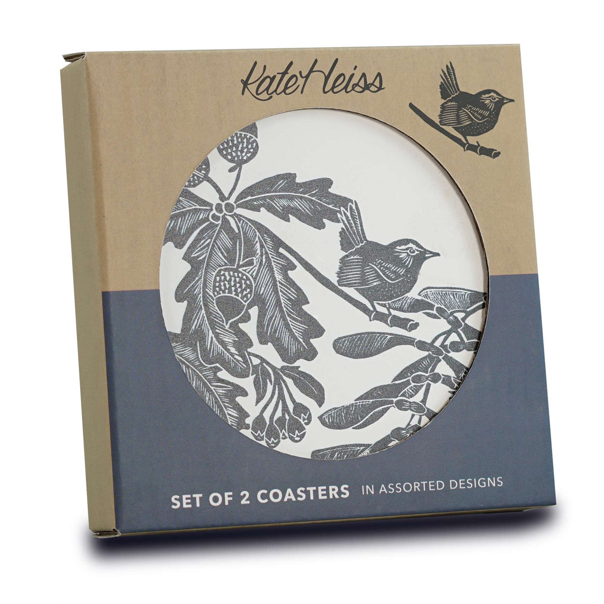 Kate Heiss Woodland Navy Bird & Oak Stoneware Coasters - Set of 2