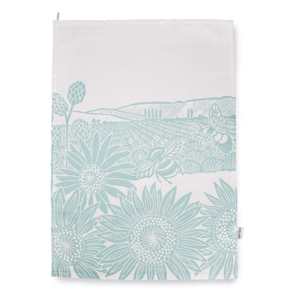 Kate Heiss Powder Blue Sunflower & Bee Recycled Cotton Tea Towel